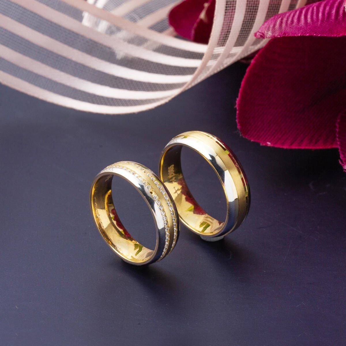 14K Yellow Gold Puffed Double Wedding Band Cubic Zirconia Ring