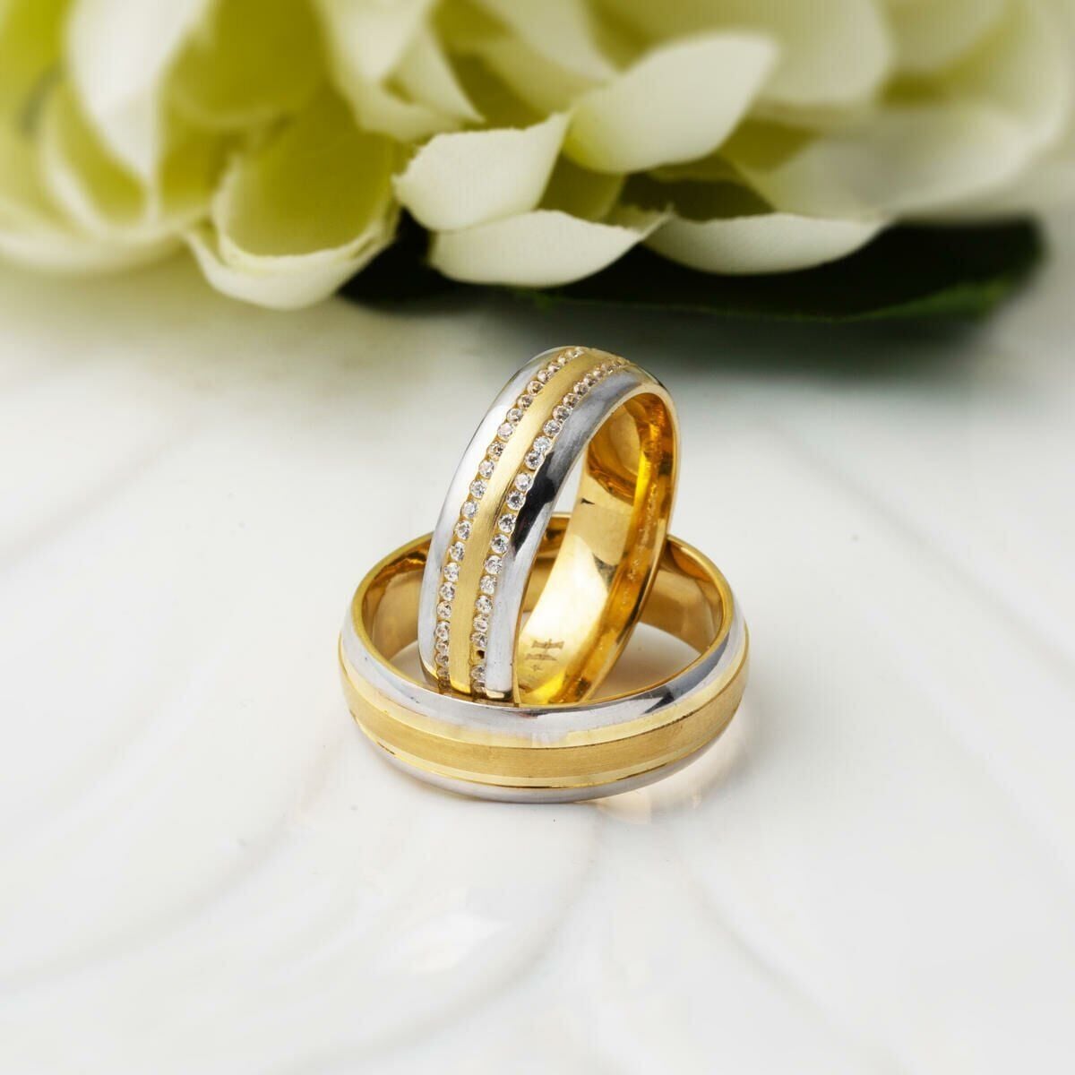 14K Yellow Gold Puffed Double Wedding Band Cubic Zirconia Ring