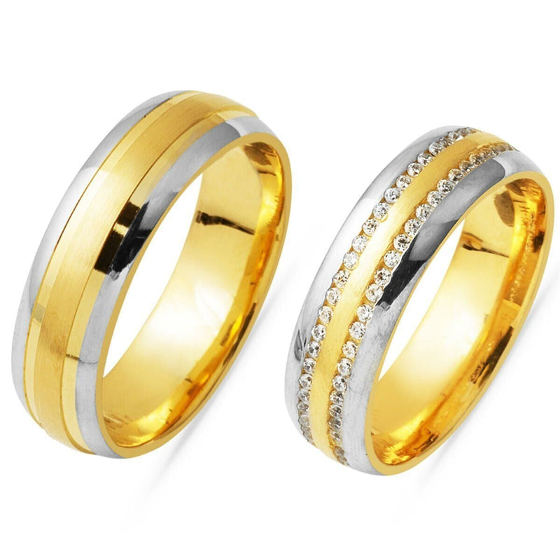 14K Yellow Gold Puffed Double Wedding Band Cubic Zirconia Ring
