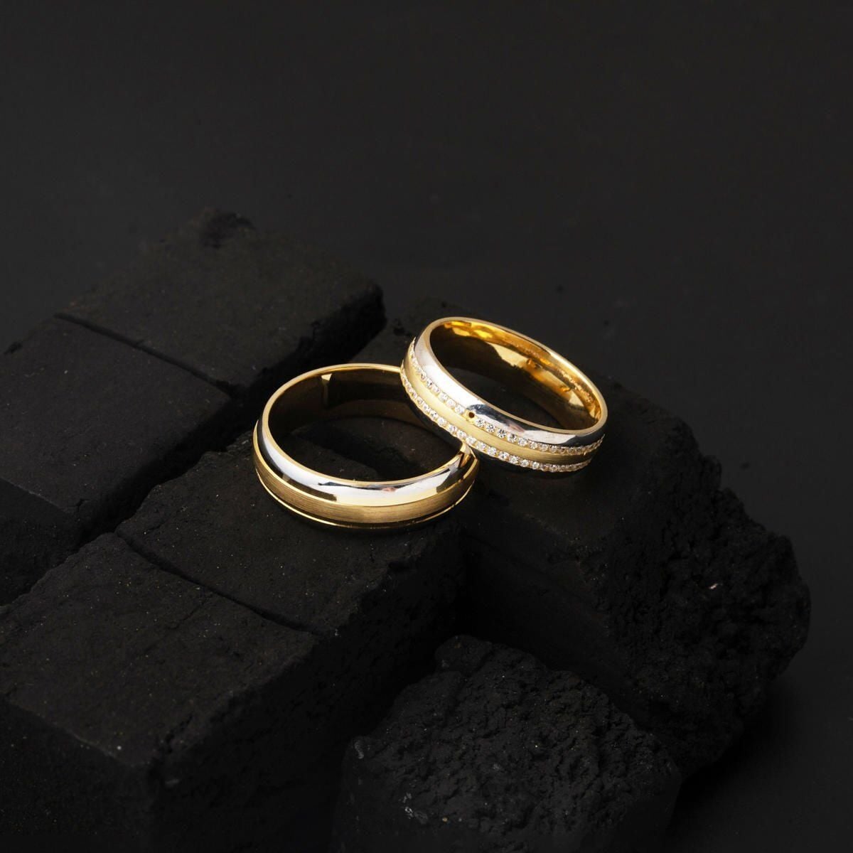 14K Yellow Gold Puffed Double Wedding Band Cubic Zirconia Ring