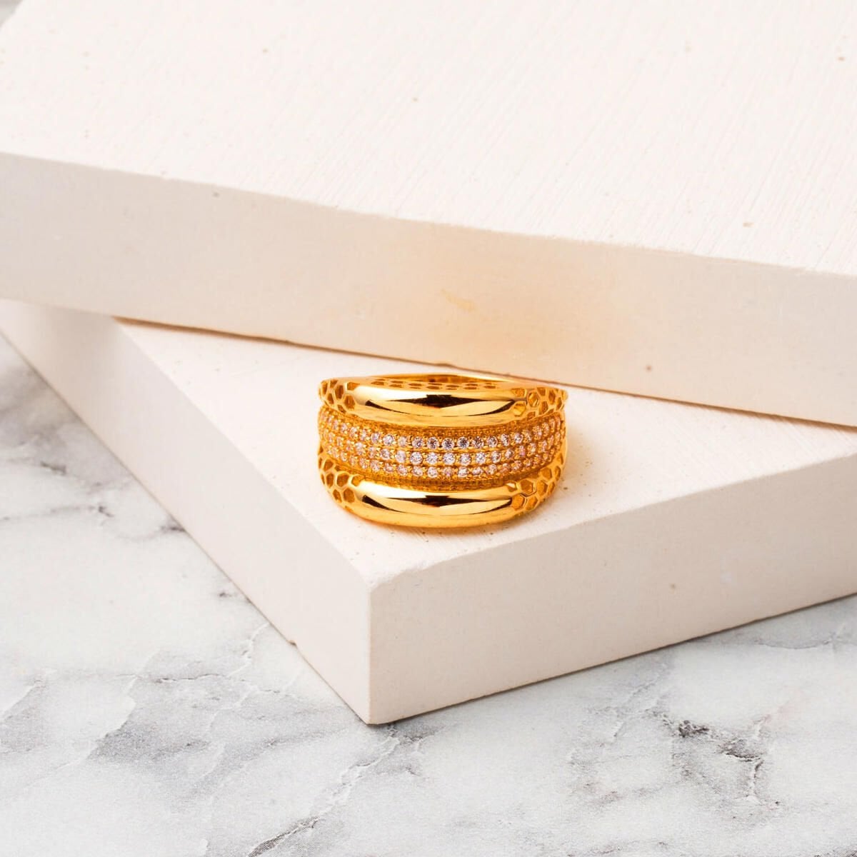 22K Yellow Gold Puffed Minimalist Cubic Zirconia Ring