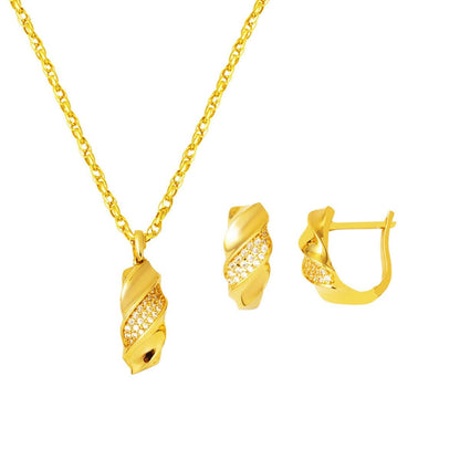 14K Yellow Gold Twisted Cubic Zirconia Necklace and Earrings Jewelry Set