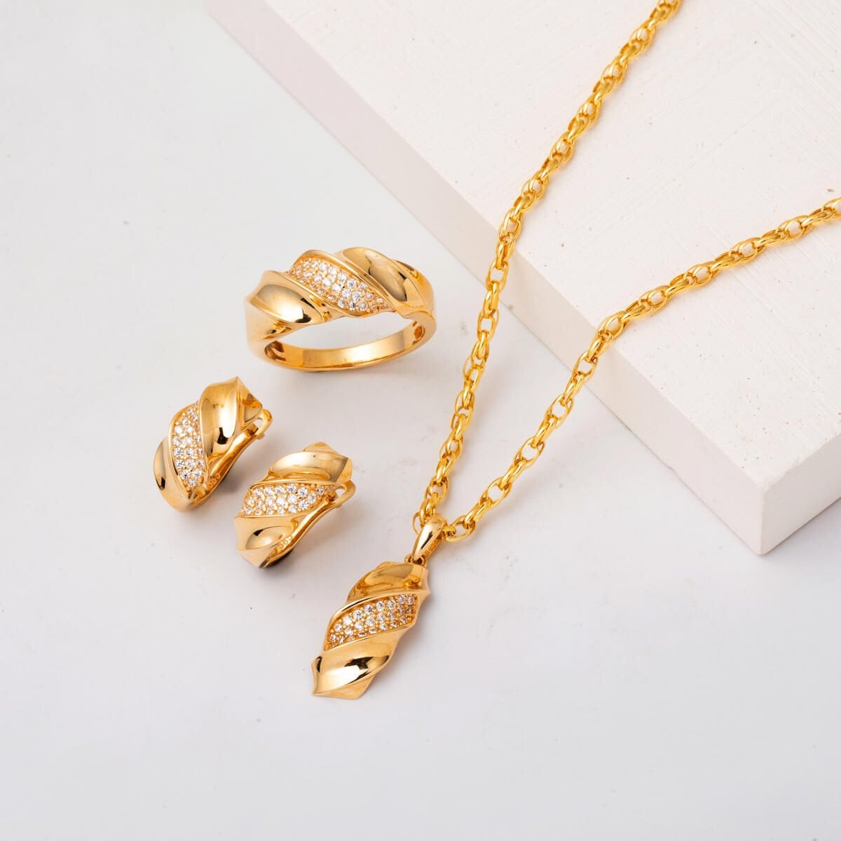 14K Yellow Gold Twisted Mini Cubic Zirconia Jewelry Set
