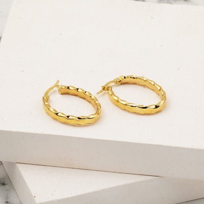 14K Yellow Gold Twisted Oval Hoop Earrings 3cm