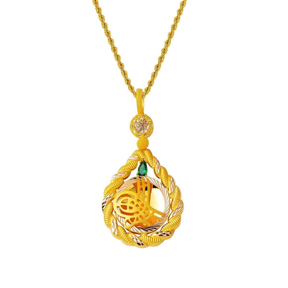14K Yellow Gold Twisted Bezel Ottoman Tughra Cubic Zirconia Necklace