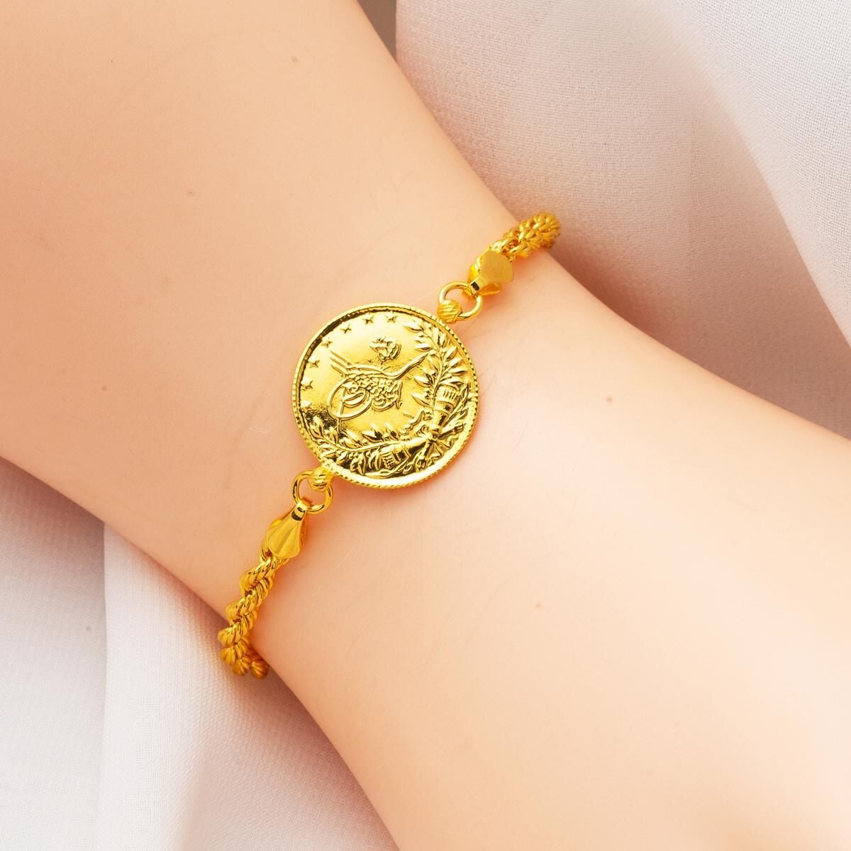14K Yellow Gold Twisted Chain Half Ottoman Resat Coin Bracelet