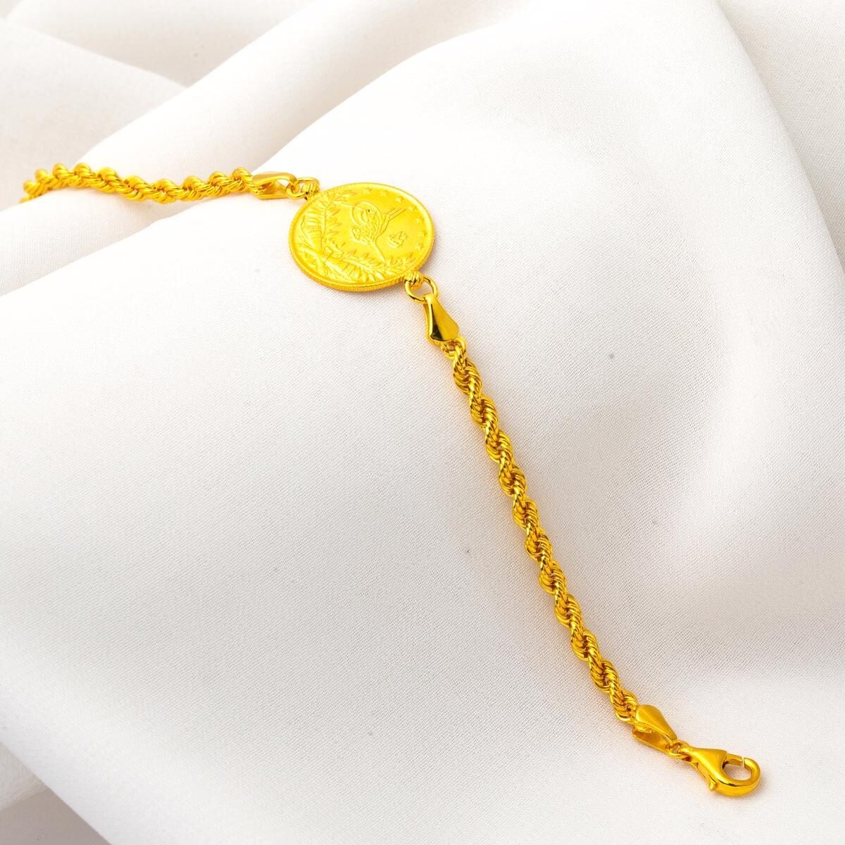 14K Yellow Gold Twisted Chain Half Ottoman Resat Coin Bracelet