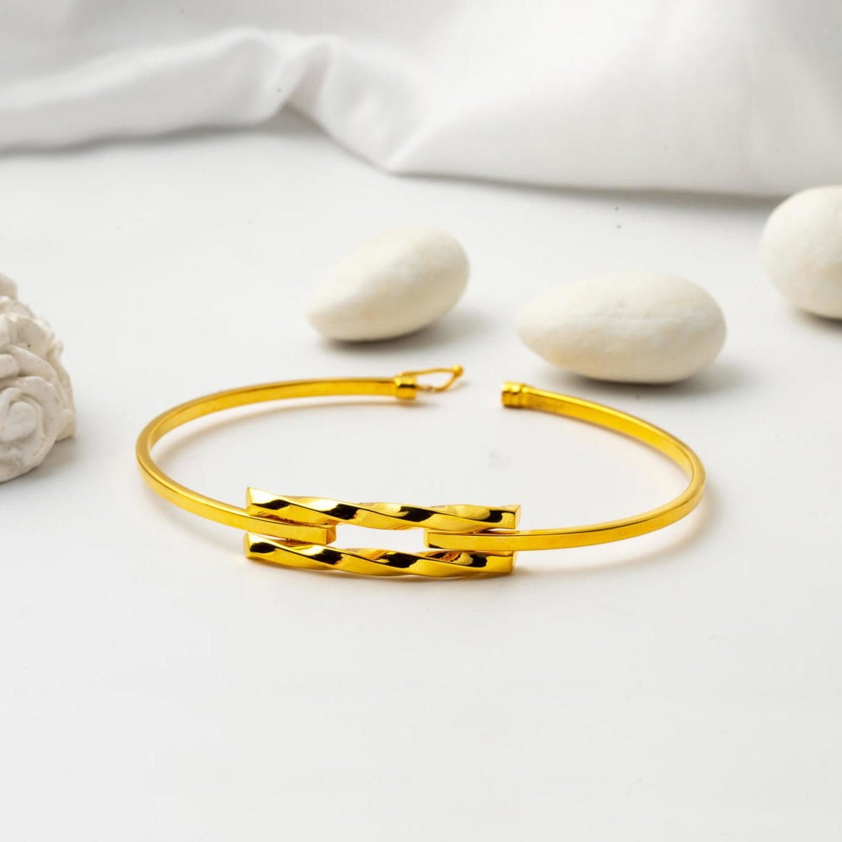 14K Yellow Gold Twisted Minimalist Ribbed Bangle