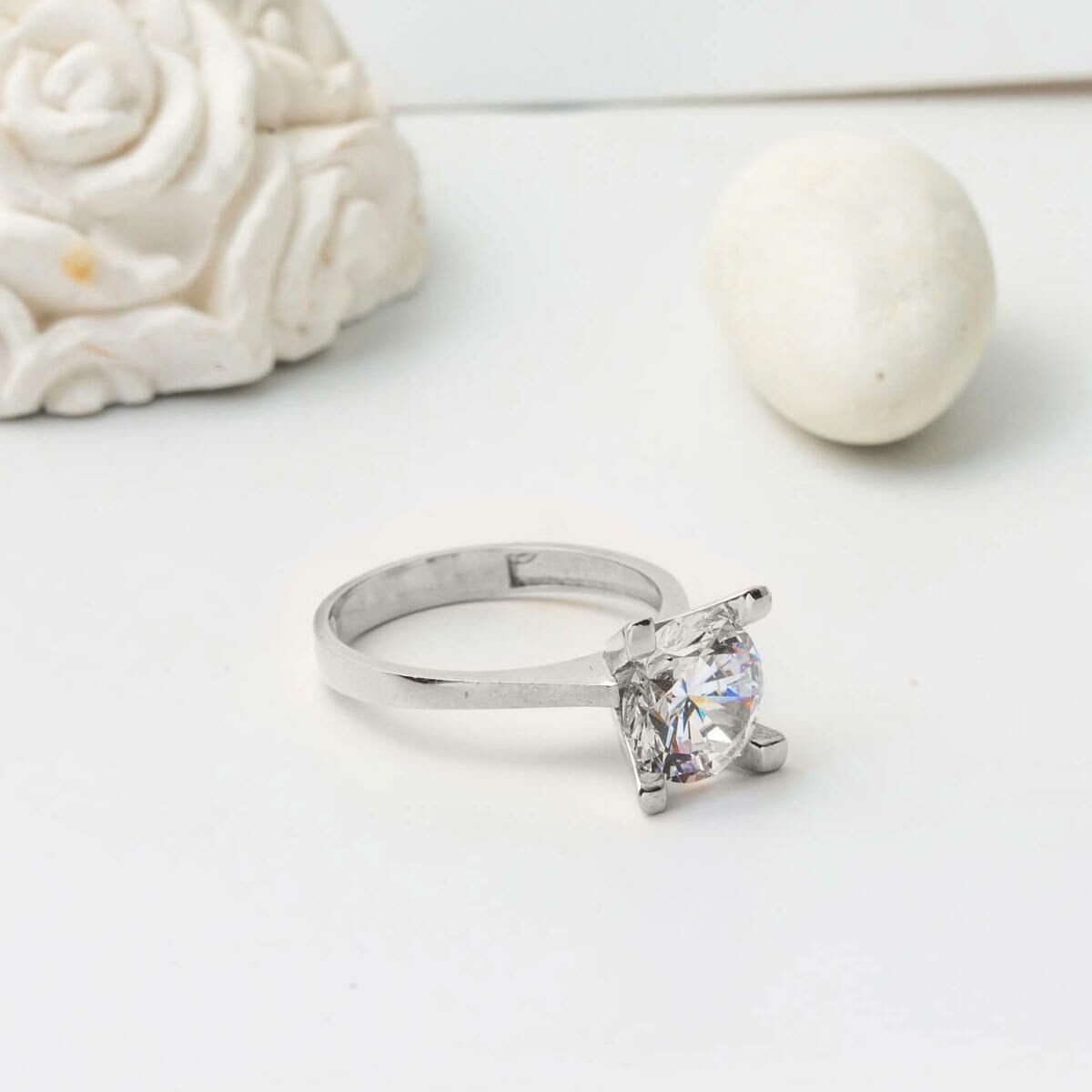14K White Gold Large Solitaire Cubic Zirconia Ring