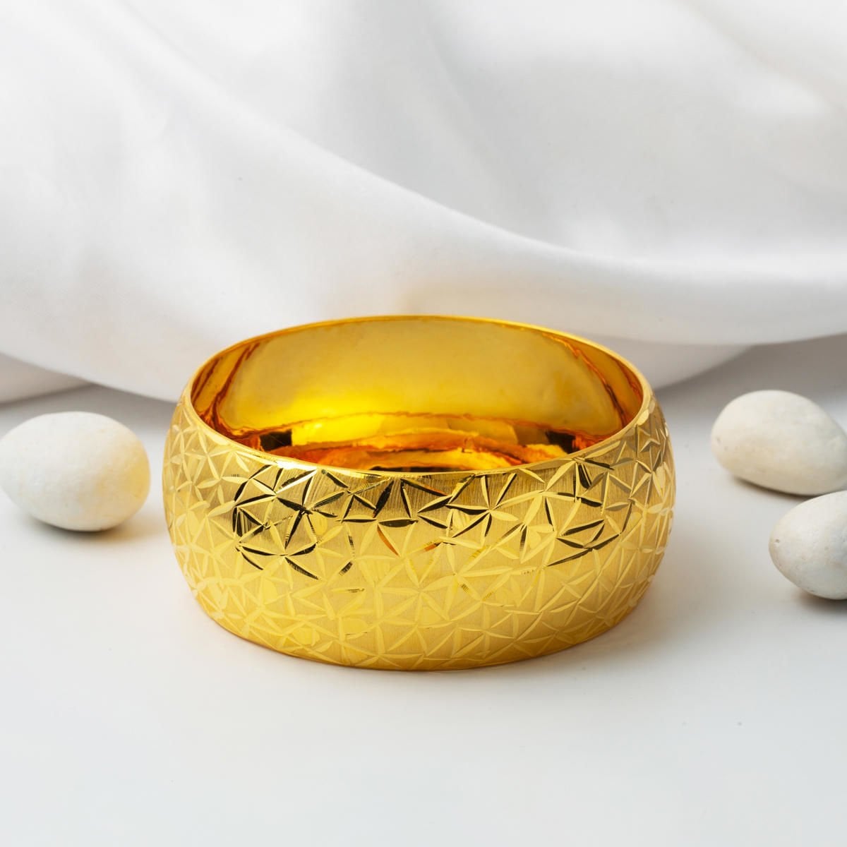 14K Yellow Gold Ice Crushed Wide Bangle