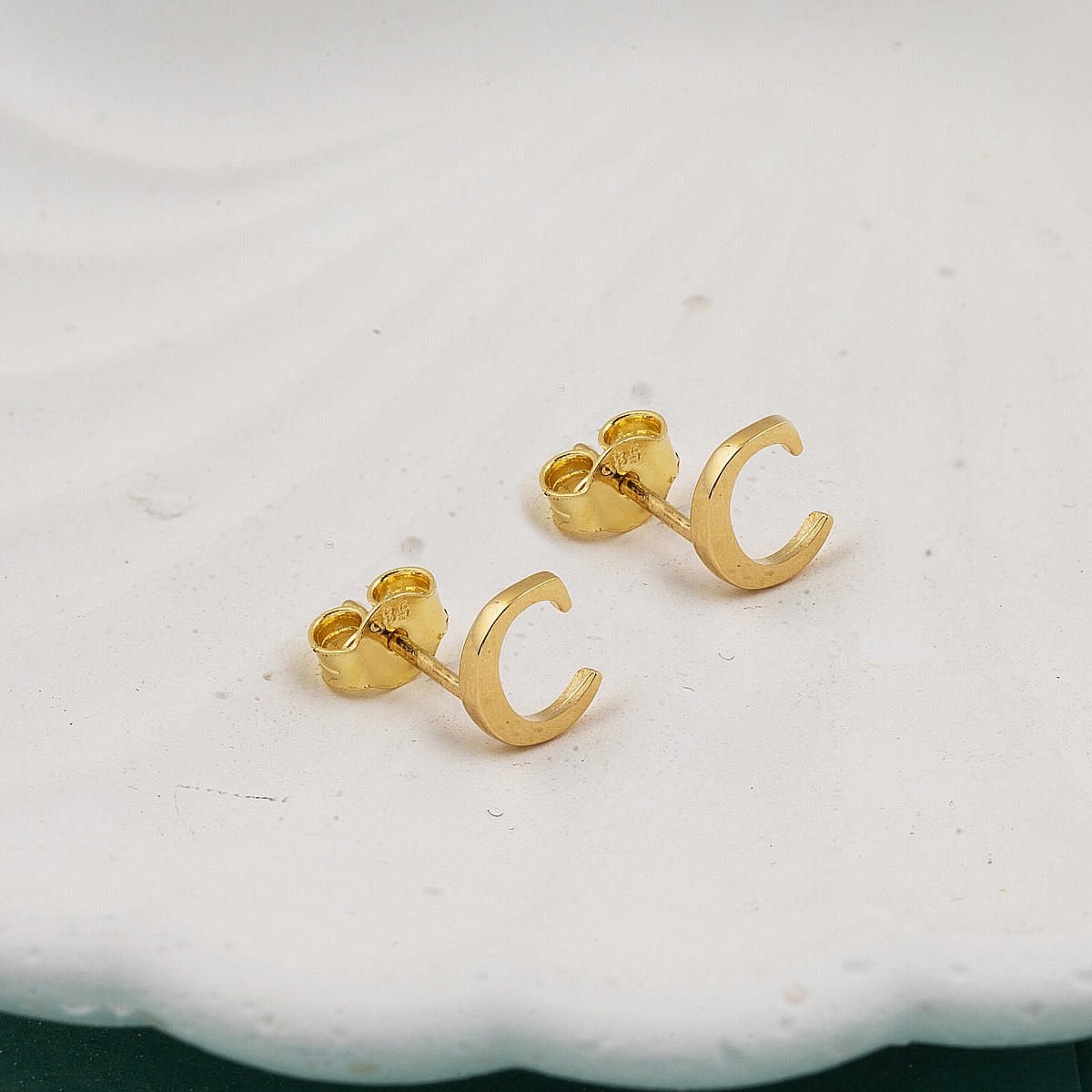 14K Yellow Gold Initial C Minimalist Earrings