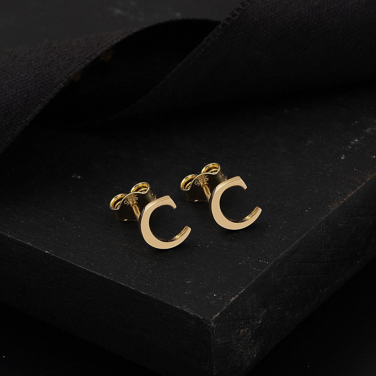 14K Yellow Gold Initial C Minimalist Earrings