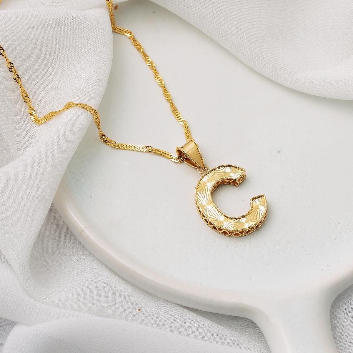 14K Yellow Gold 3 Dimensional C Initial Necklace