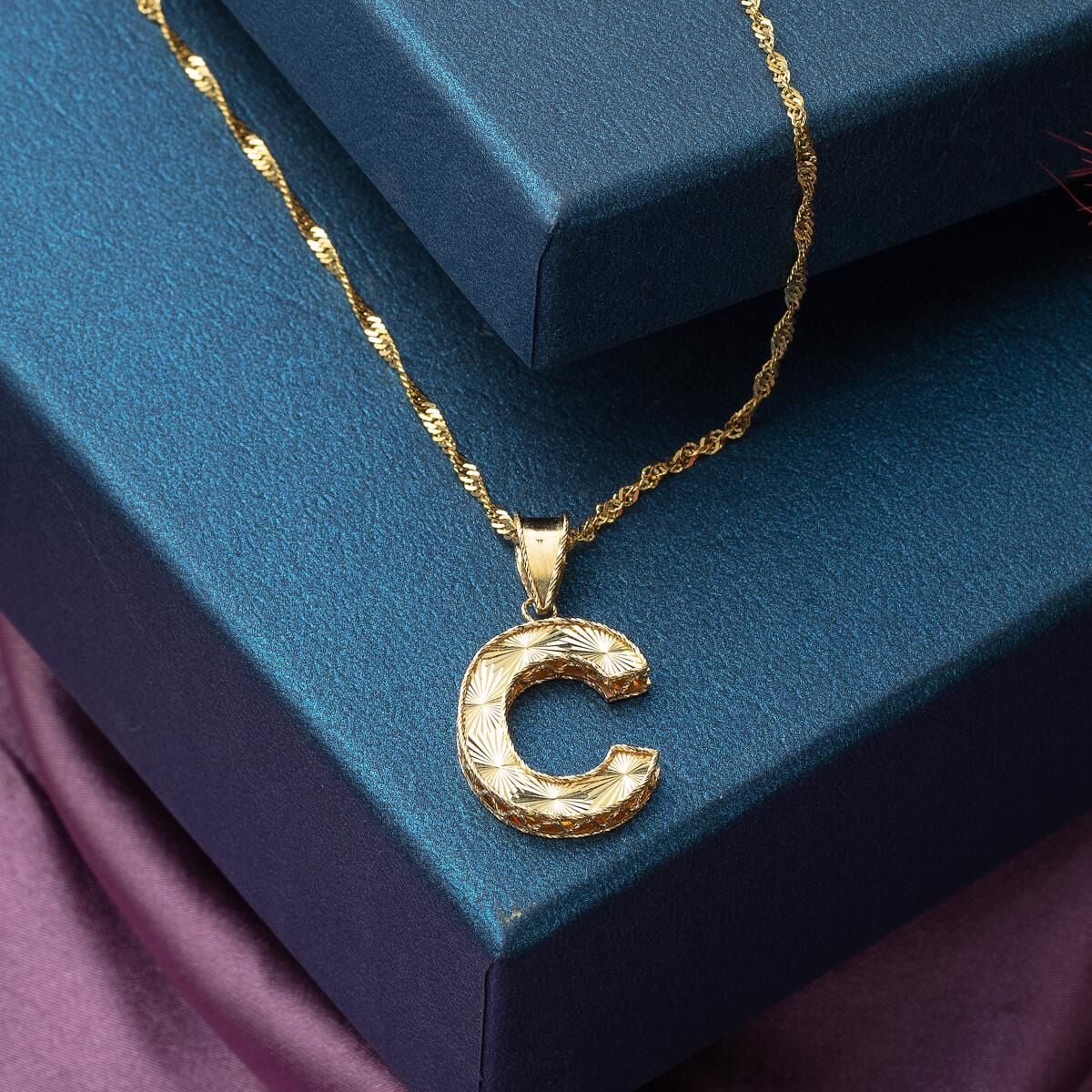 14K Yellow Gold 3 Dimensional C Initial Necklace