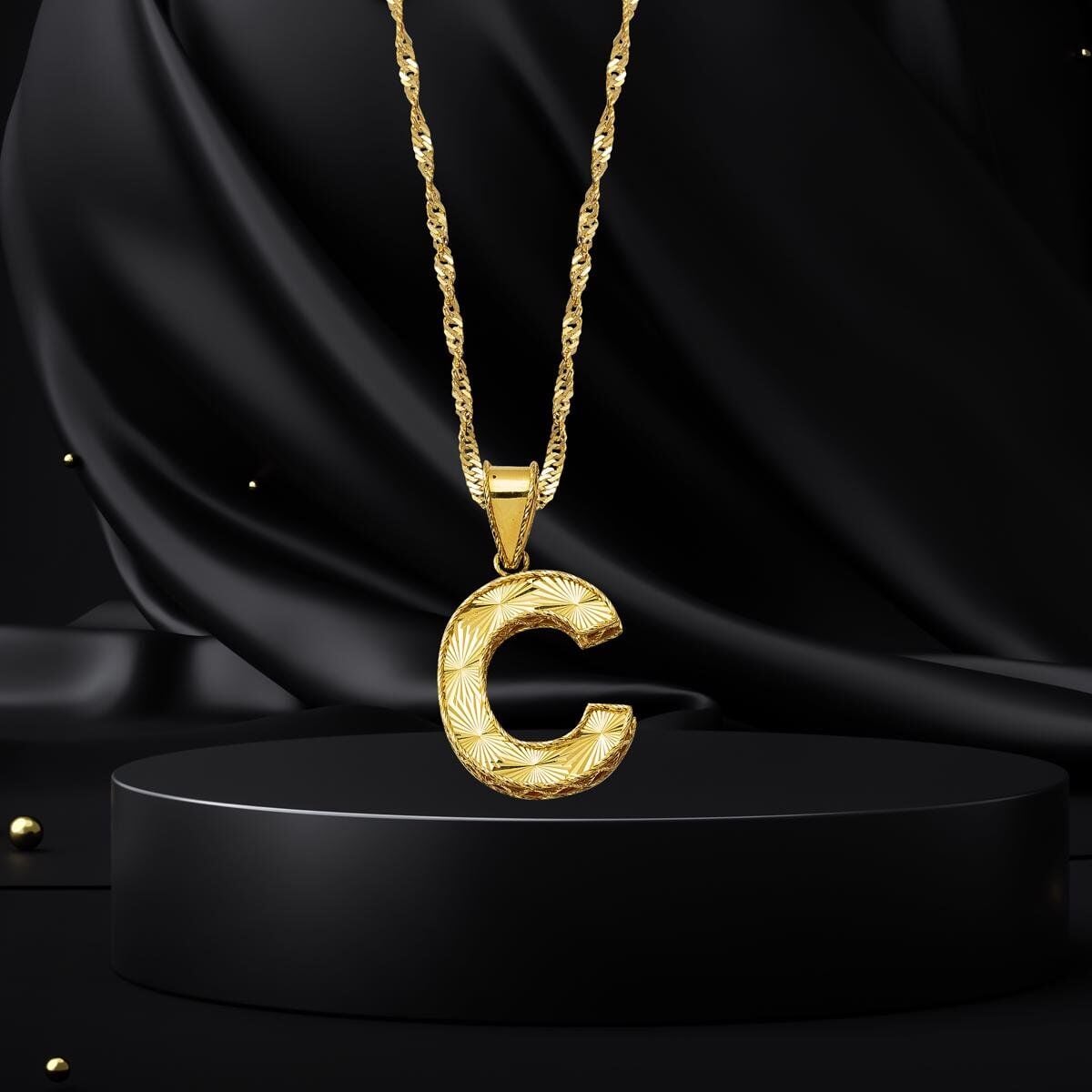 14K Yellow Gold 3 Dimensional C Initial Necklace