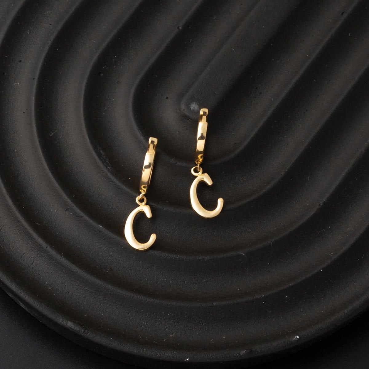 14K Yellow Gold C Initial Hoop Earrings
