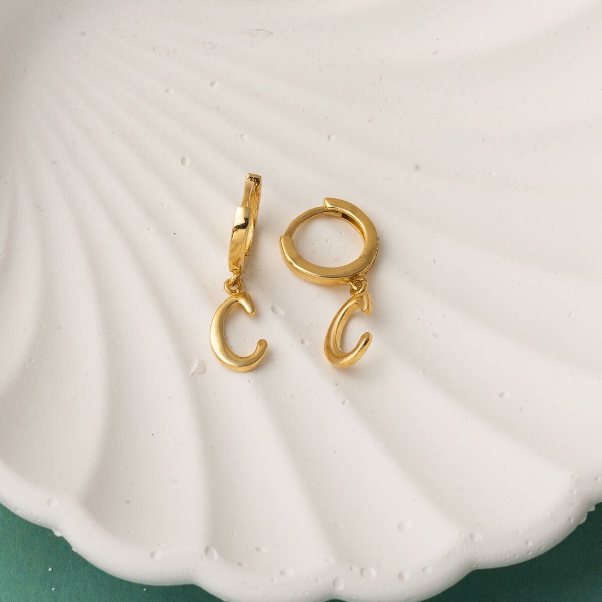 14K Yellow Gold C Initial Hoop Earrings