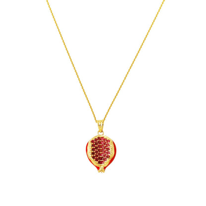 14K Yellow Gold Pomegranate Enamel Cubic Zirconia Necklace