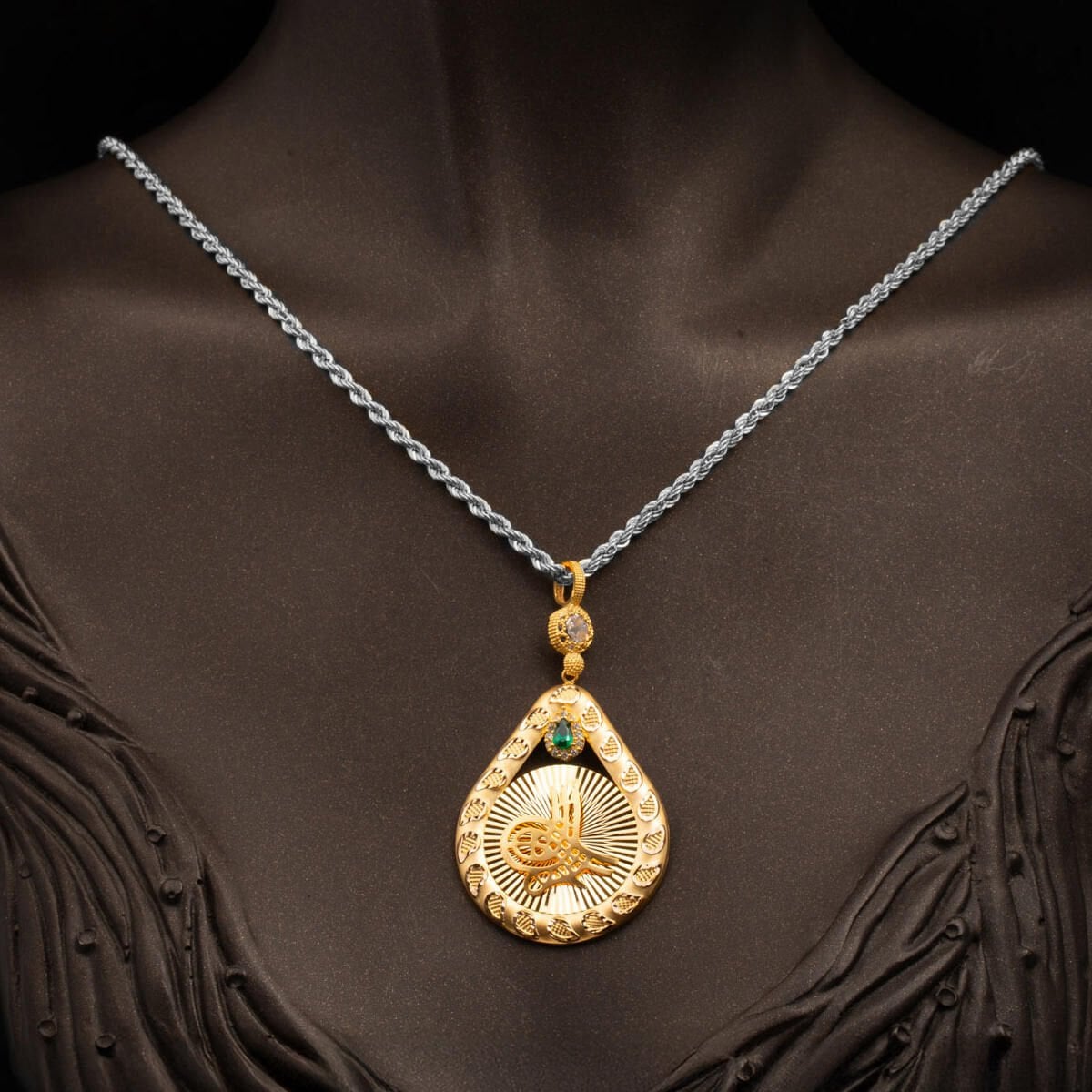 14K Yellow Gold Teardrop Sparkling Ottoman Tughra Cubic Zirconia Pendant