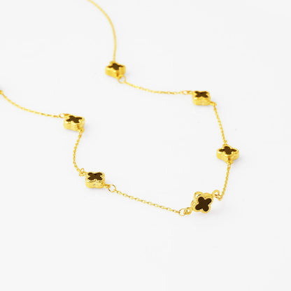 14K Yellow Gold Black Glass Clover Necklace
