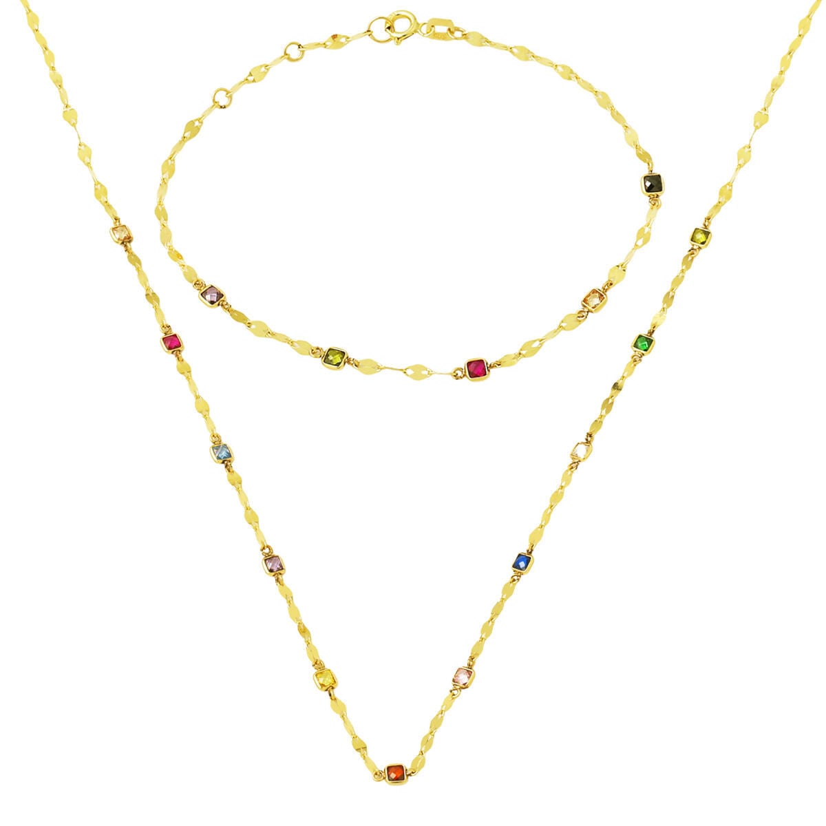14K Yellow Gold Spring Colors Cubic Zirconia Necklace Bracelet Set