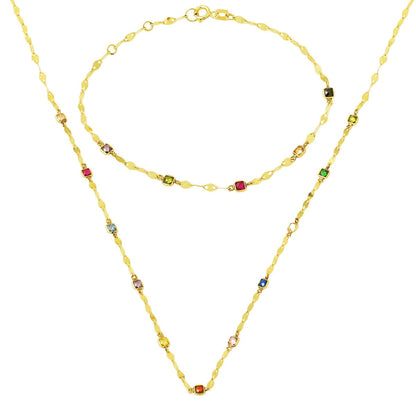 14K Yellow Gold Spring Colors Cubic Zirconia Necklace Bracelet Set