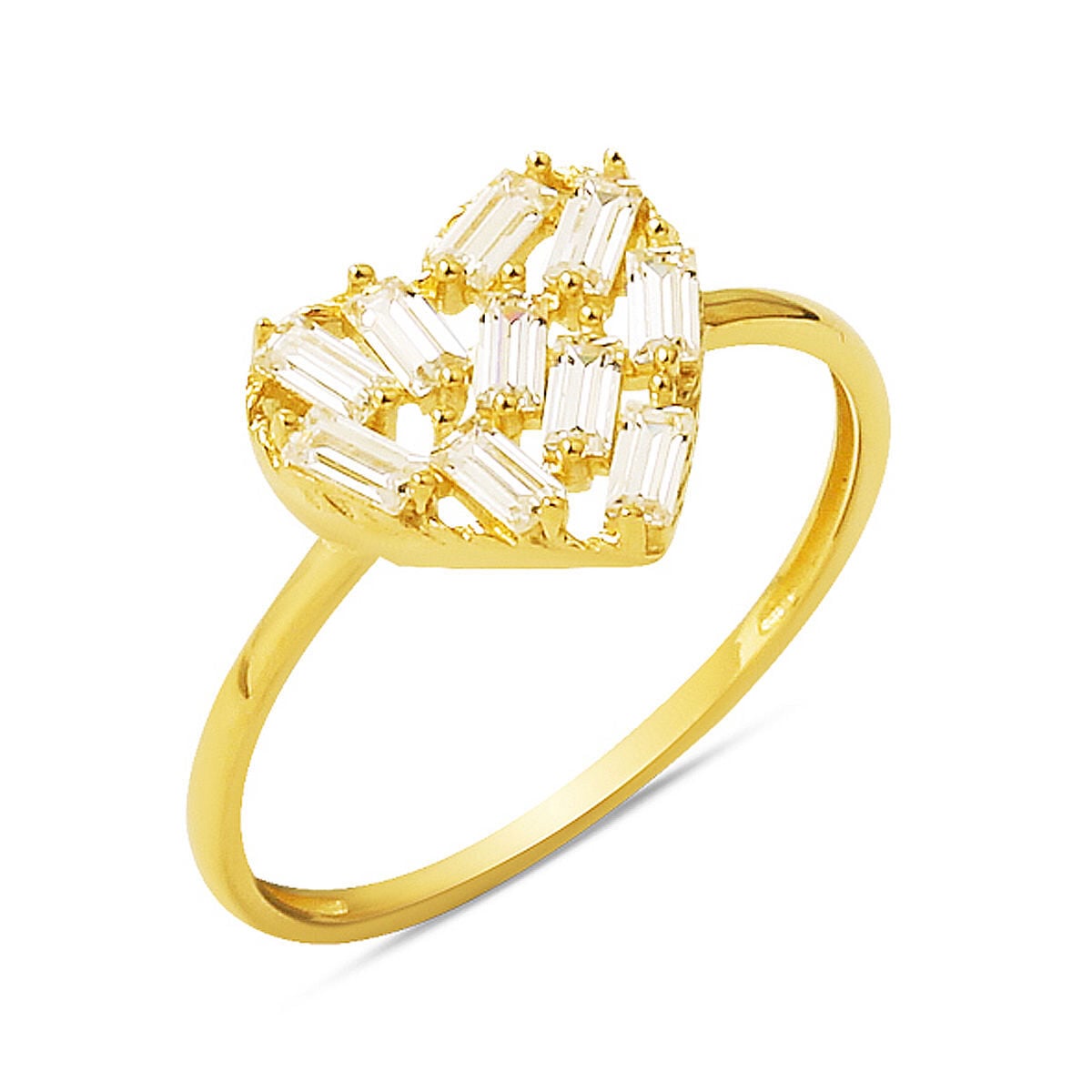 14K Yellow Gold Sparkling Baguette Heart Cubic Zirconia Ring