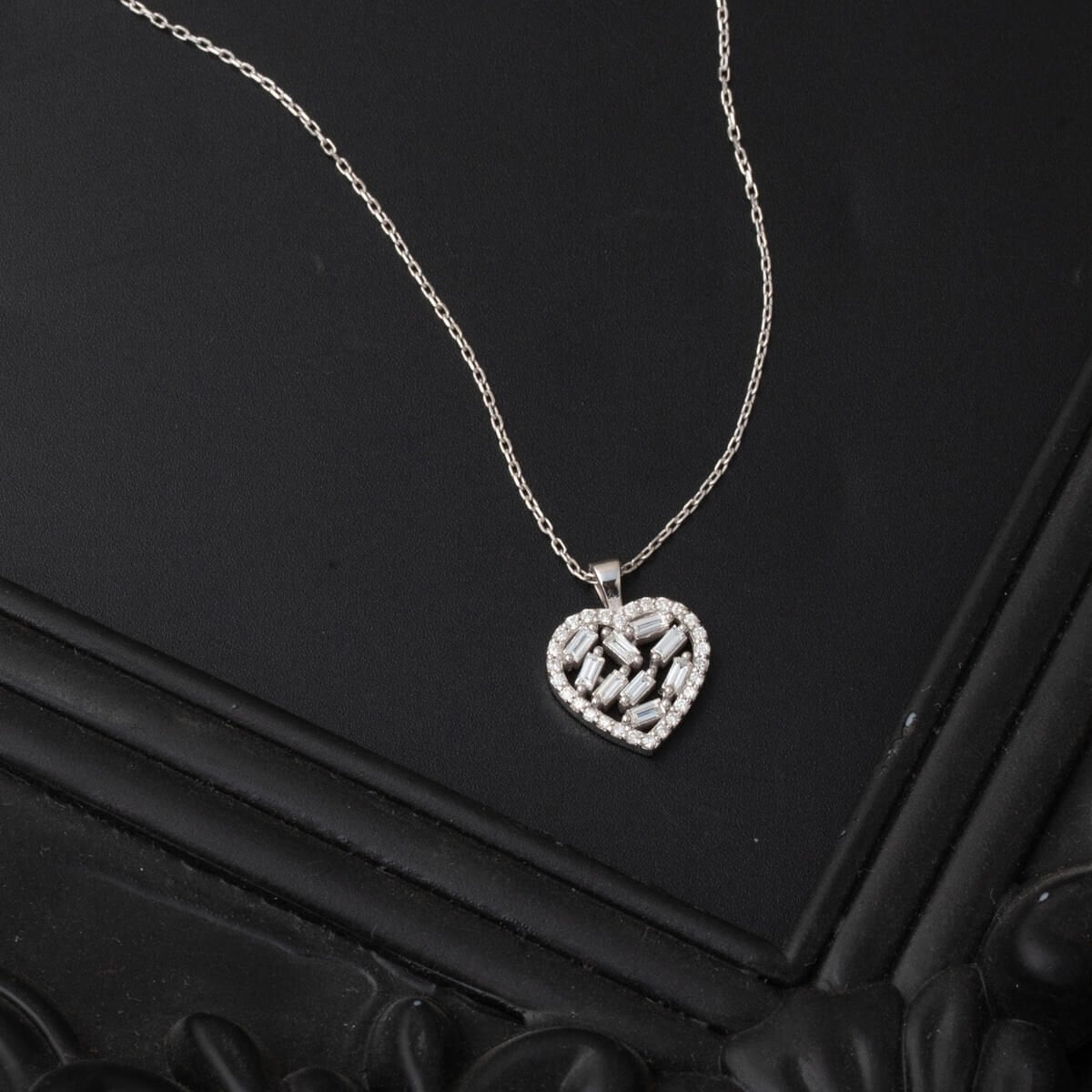 14K White Gold Baguette Diamond Heart Necklace