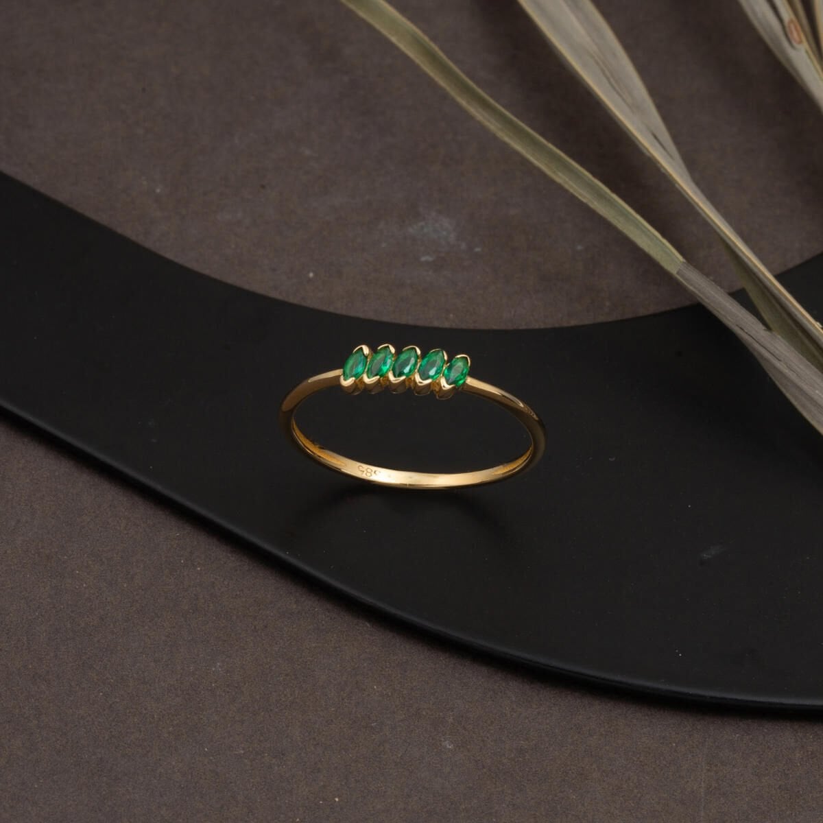 14K Yellow Gold Green Minimalist Five Stone Cubic Zirconia Ring