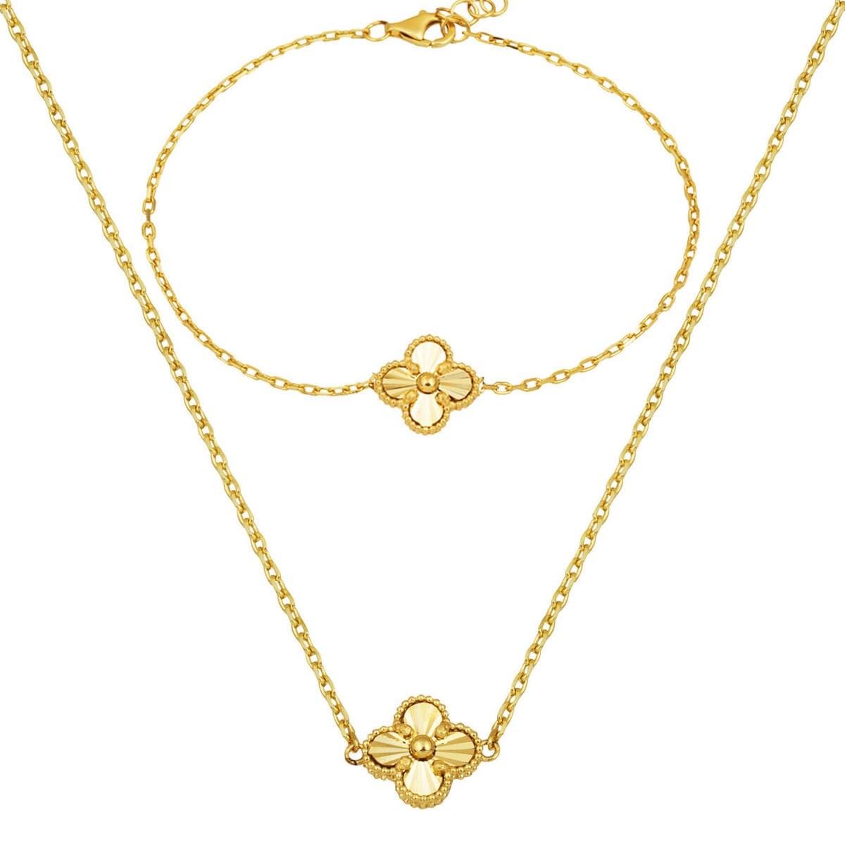 14K Yellow Gold Clover Necklace and Bracelet Set