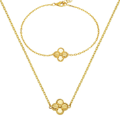 14K Yellow Gold Clover Necklace and Bracelet Set