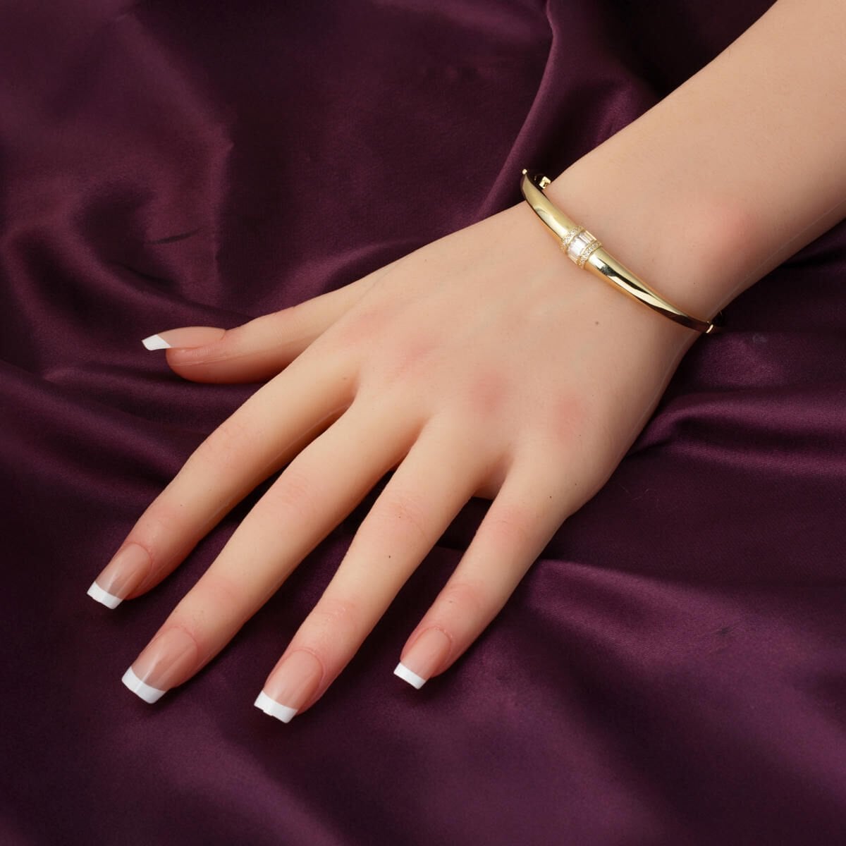14K Yellow Gold Baguette Minimalist Cubic Zirconia Hinged Cuff Bangle