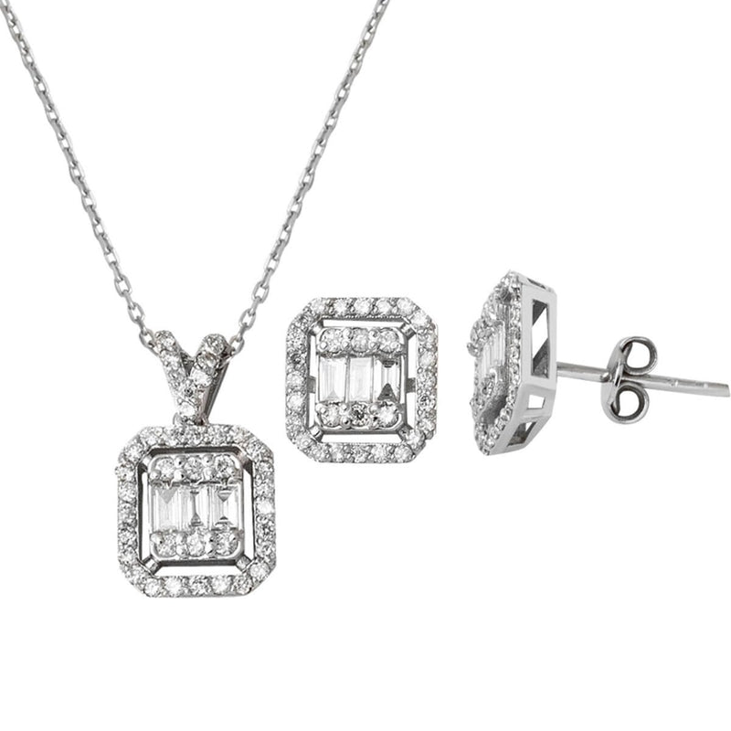 14K White Gold 0.90 Ct Baguette Diamond Necklace and Earrings Set