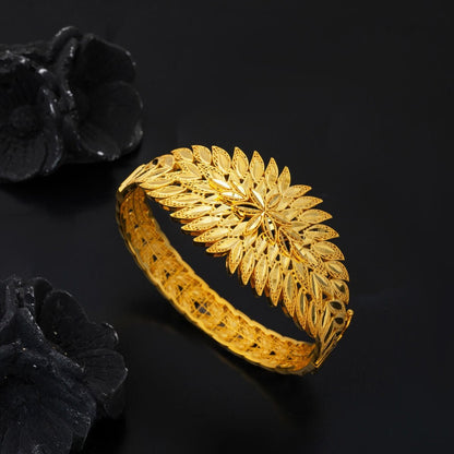 14K Yellow Gold Leaf Hinged Cuff Bangle
