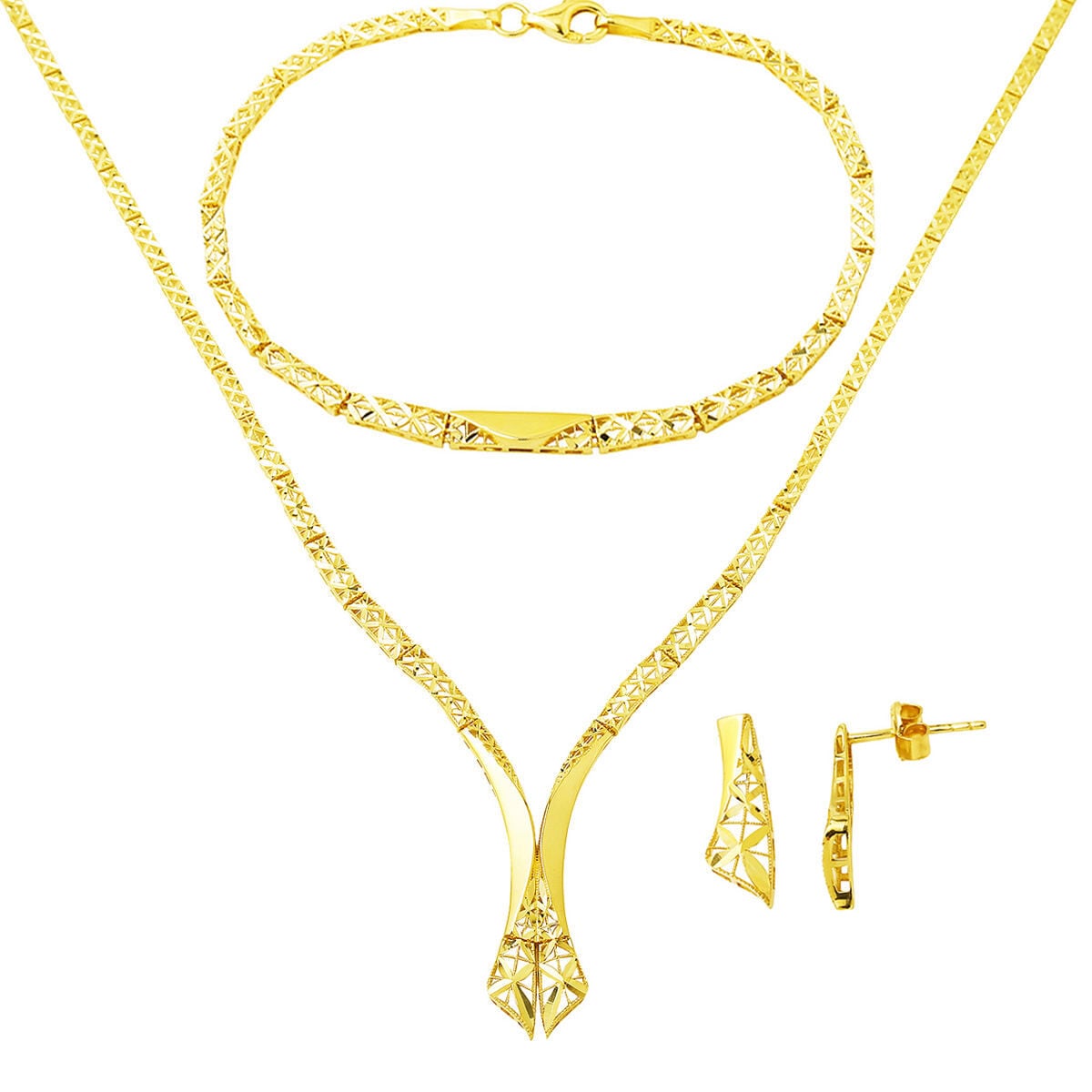14K Yellow Gold Drop Hand Engraved Bridal Jewelry Set