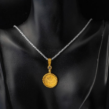 14K Yellow Gold Quarter Coin Ottoman Resat Coin Cubic Zirconia Pendant