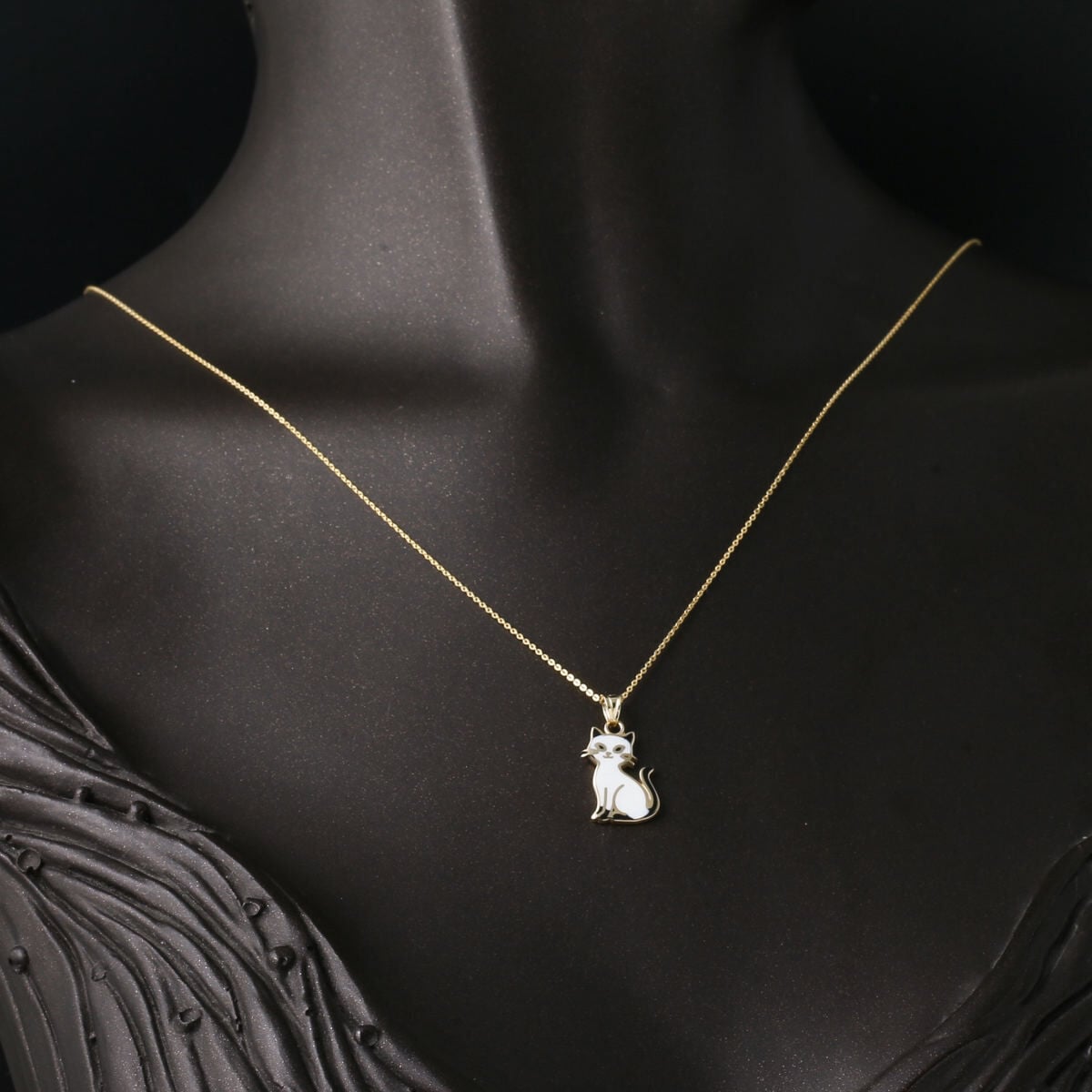 14K Yellow Gold Cat Enamel Necklace