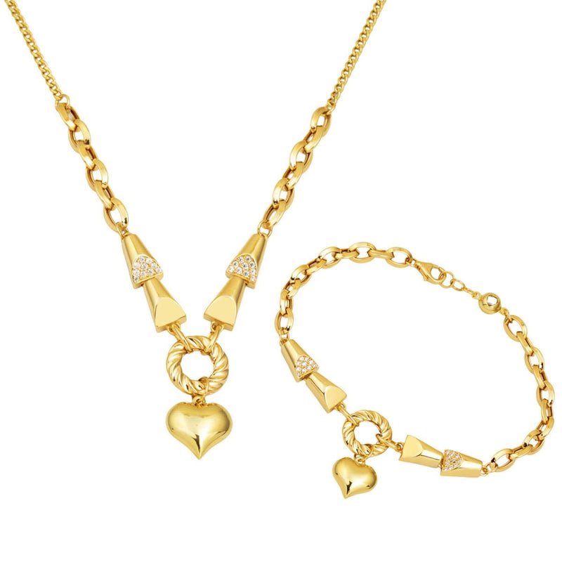 14K Yellow Gold Chain Heart Double Set with Cubic Zirconia