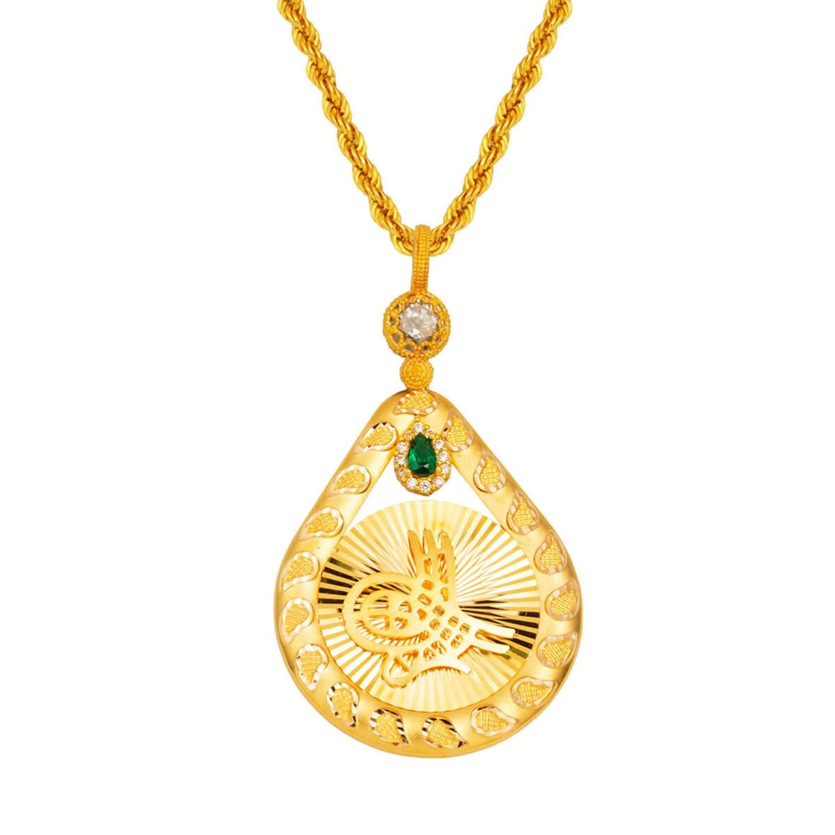 14K Yellow Gold Teardrop Sparkling Ottoman Tughra Cubic Zirconia Necklace