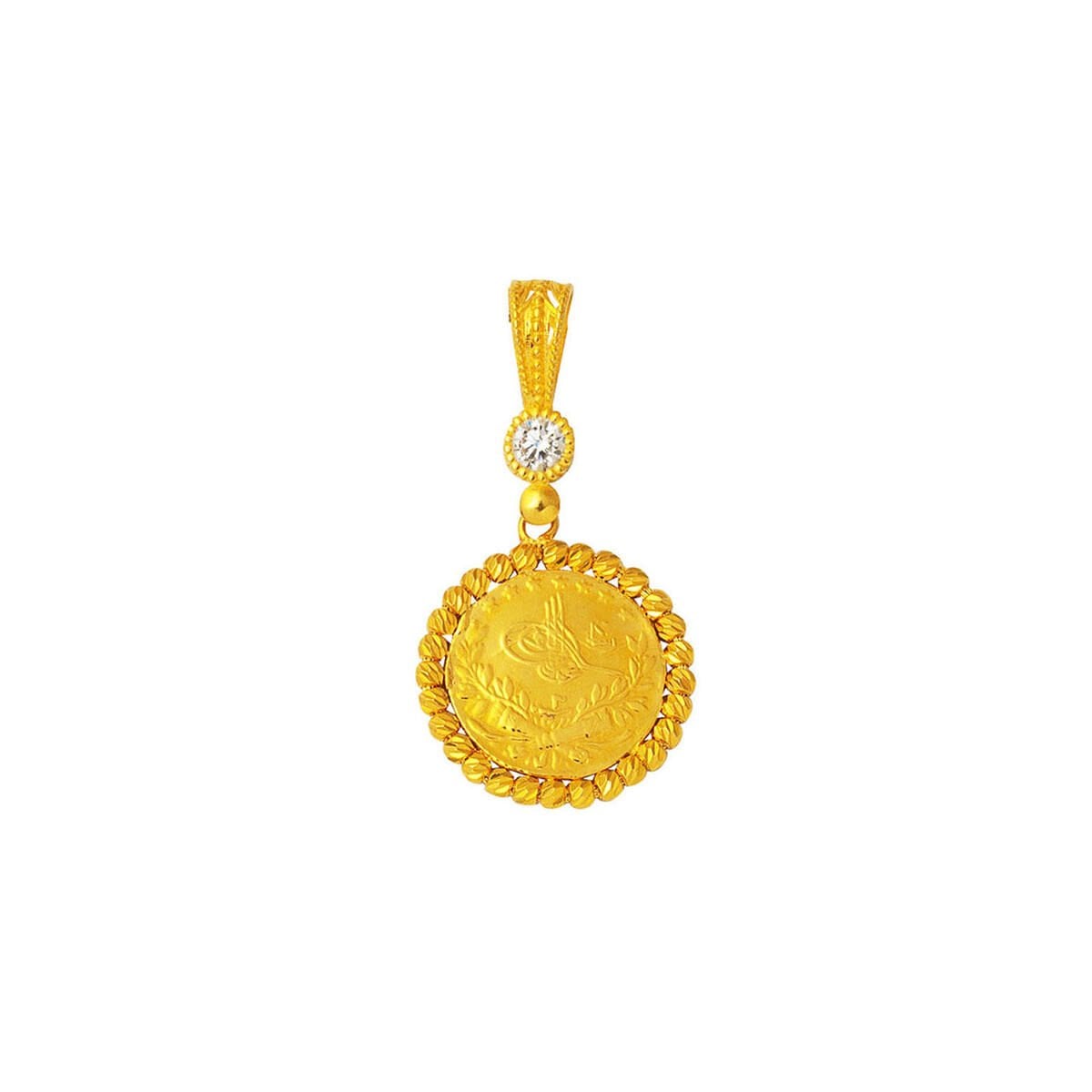 14K Yellow Gold Quarter Coin Ottoman Resat Coin Cubic Zirconia Pendant