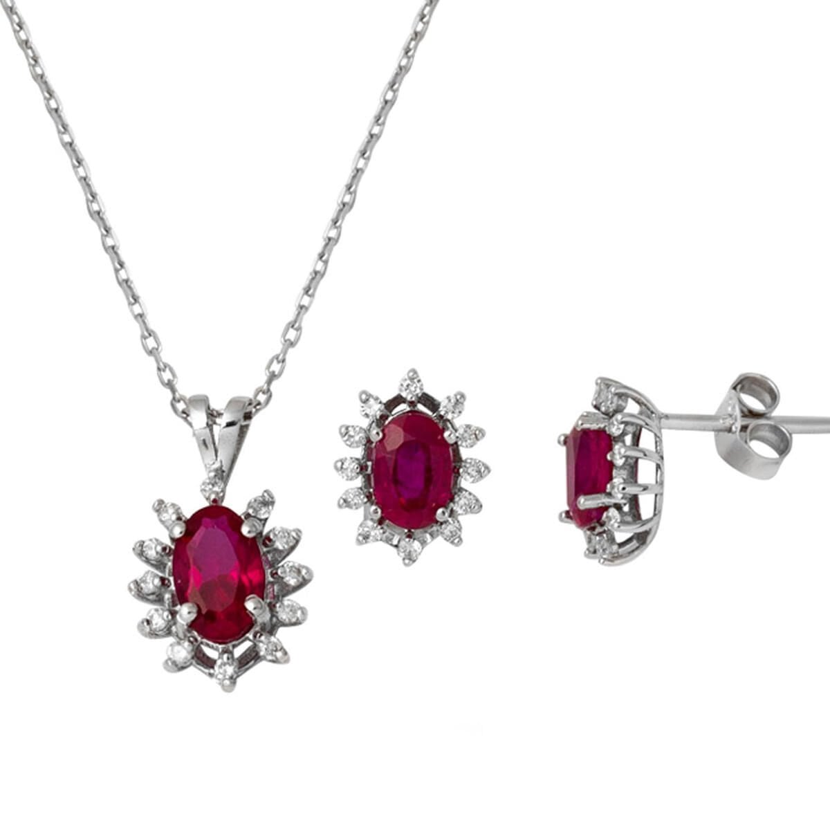 14K White Gold 1.50 Ct Ruby Diamond Earrings Necklace Set