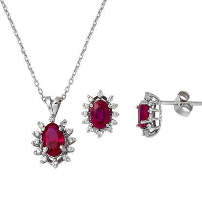 14K White Gold 1.50 Ct Ruby Diamond Earrings Necklace Set