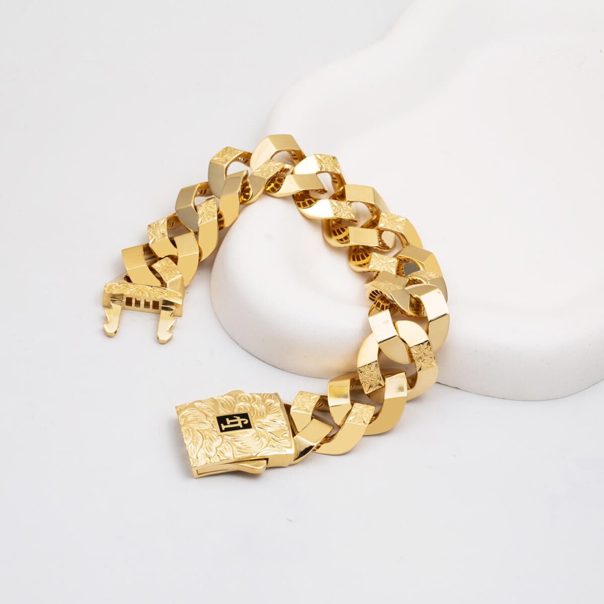 14K Yellow Gold Flower of Life Curb Cubic Zirconia Bracelet (40.19 g)