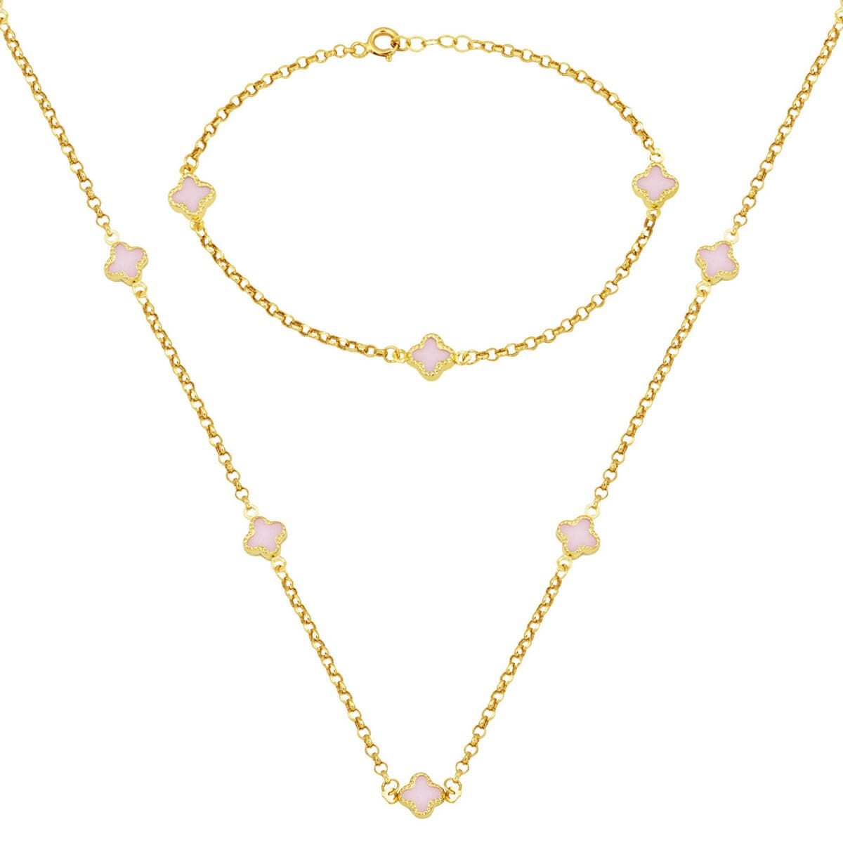14K Yellow Gold Pink Clover Mother of Pearl Necklace and Bracelet Set