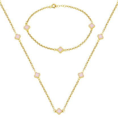 14K Yellow Gold Pink Clover Mother of Pearl Necklace and Bracelet Set