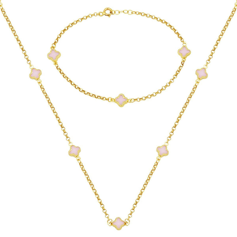 14K Yellow Gold Pink Clover Mother of Pearl Necklace and Bracelet Set