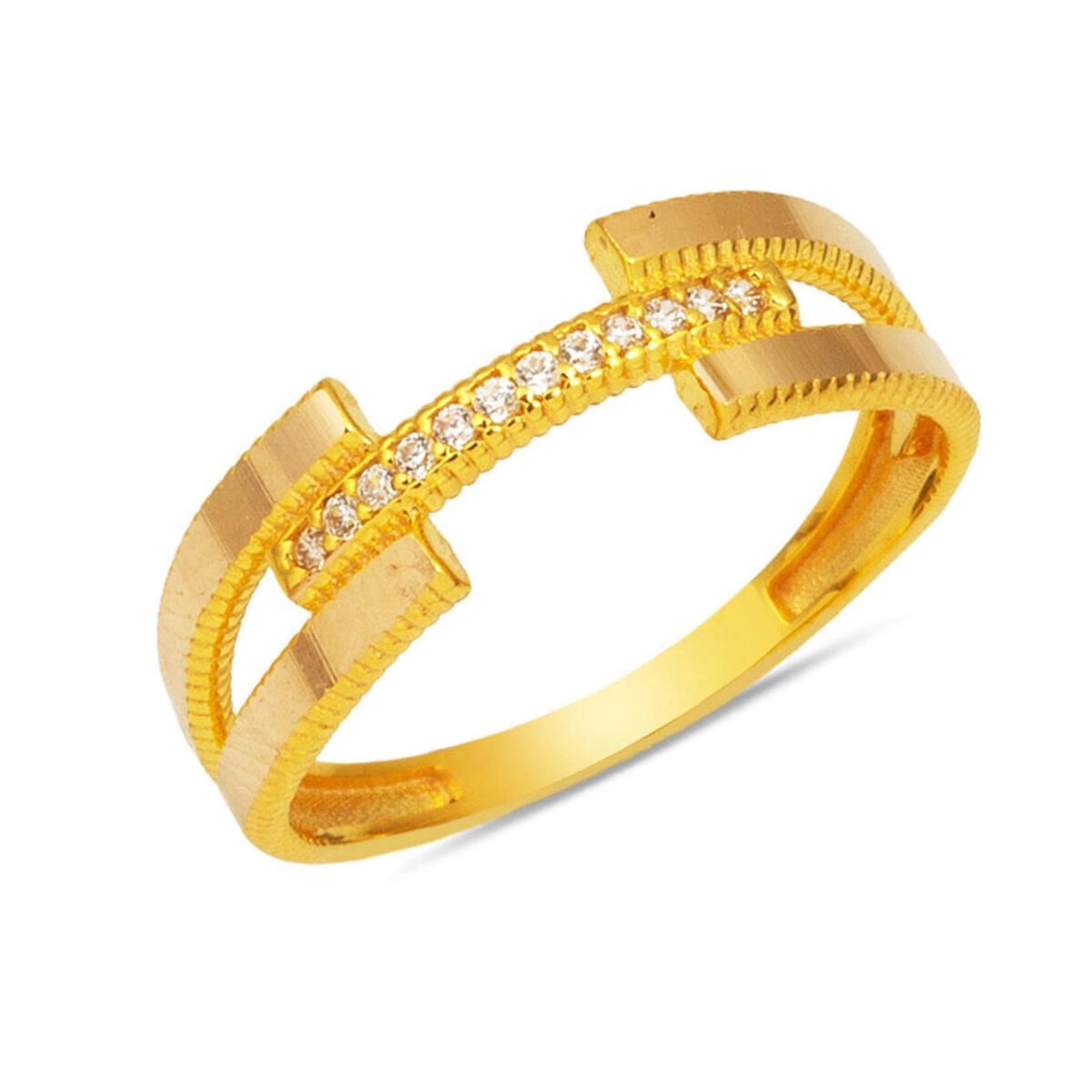 14K Yellow Gold Single Ribbed Ajda Cubic Zirconia Ring