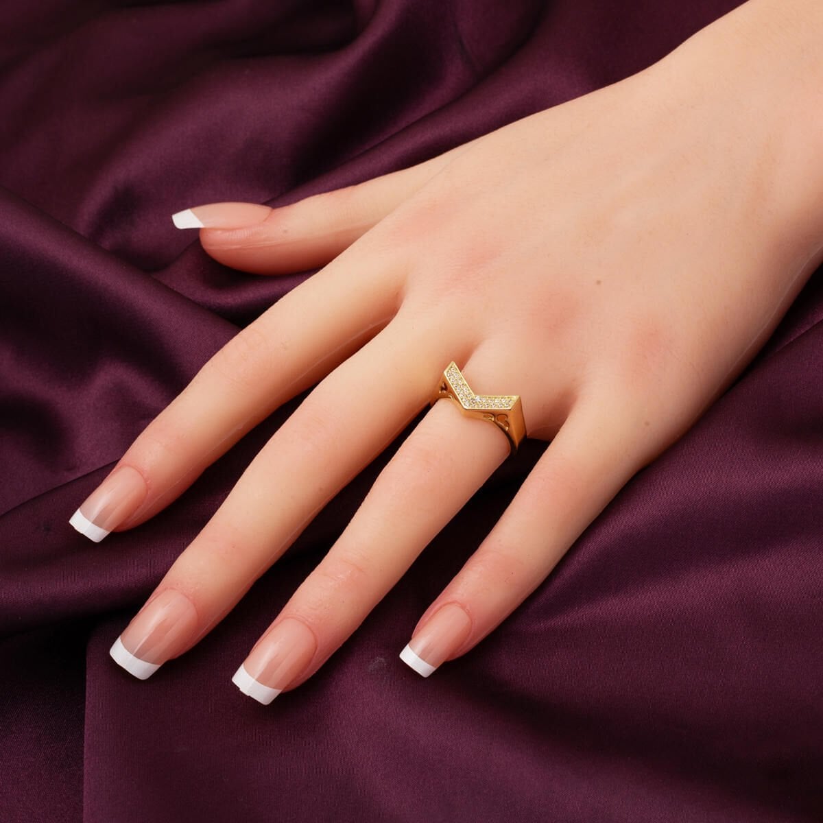 14K Yellow Gold Chevron Tennis Cubic Zirconia Ring