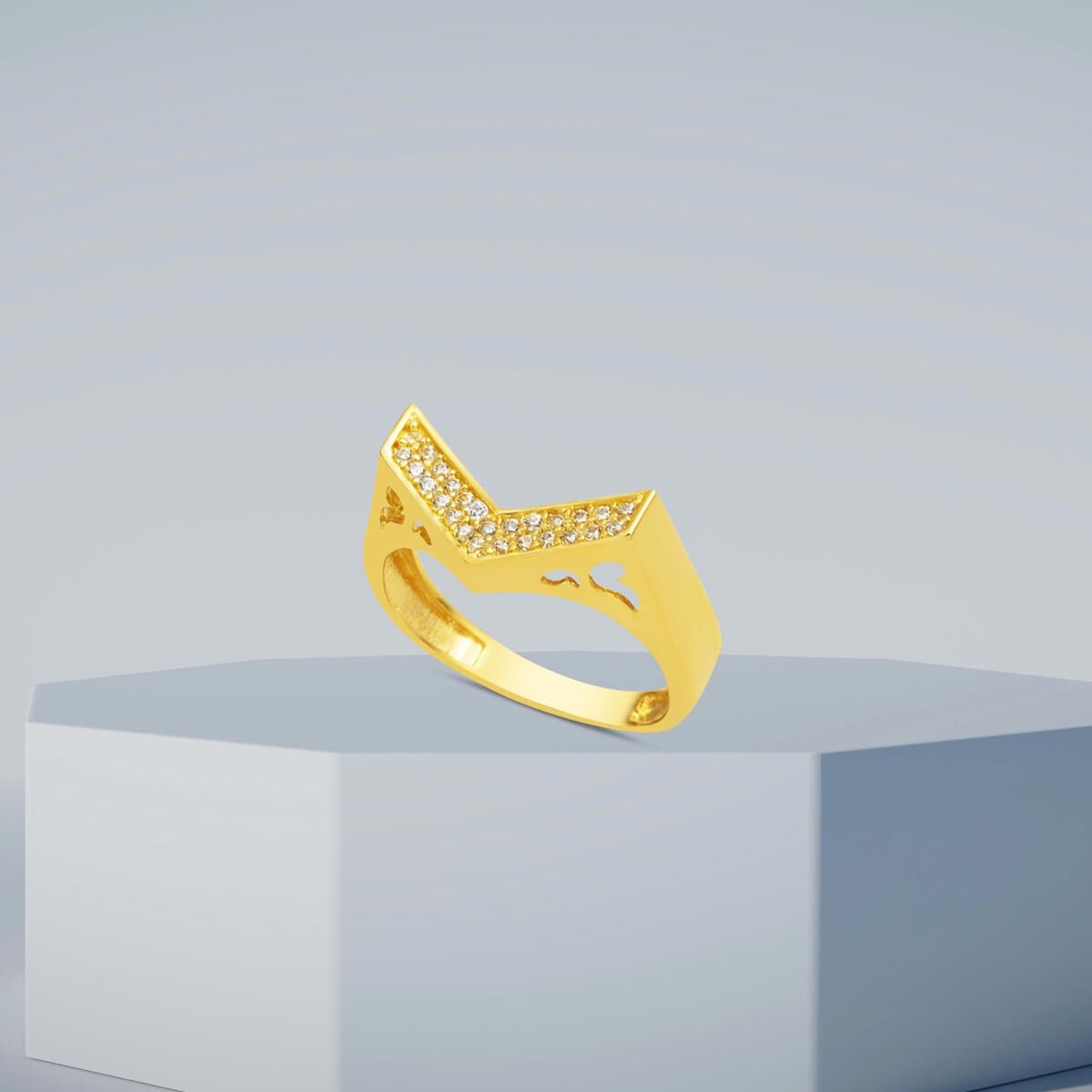 14K Yellow Gold Chevron Tennis Cubic Zirconia Ring