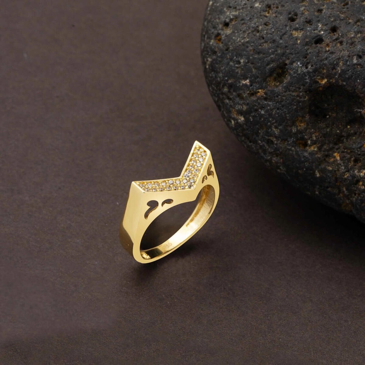 14K Yellow Gold Chevron Tennis Cubic Zirconia Ring